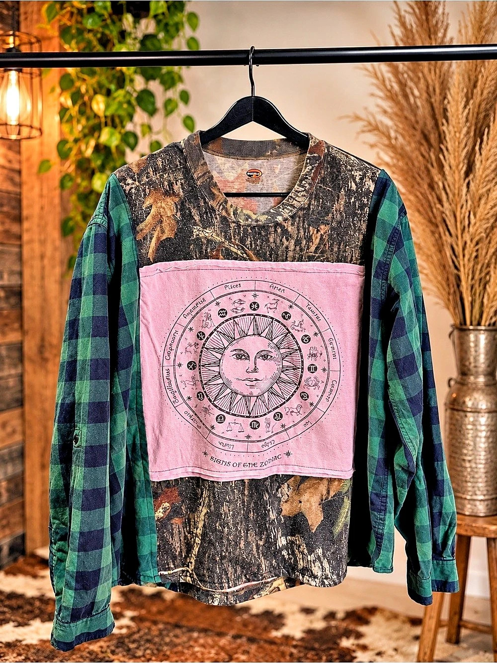 Handmade Upcycle Pullover- Camo & Green Plaid Featuring a Light Purple Zodiac Ca